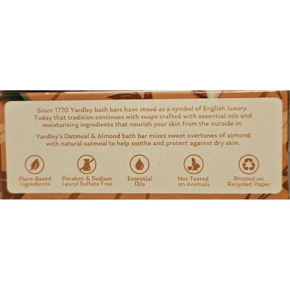 Yardley Of London Oatmeal and Almond Nourishing Bath Bar Luxury Beauty Soap 4 Oz